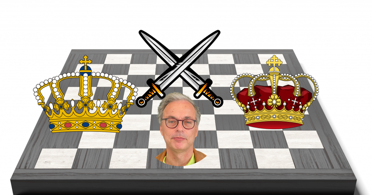 Foto del volto di Gori sopra una scacchiera con due Re che incrociano le spade